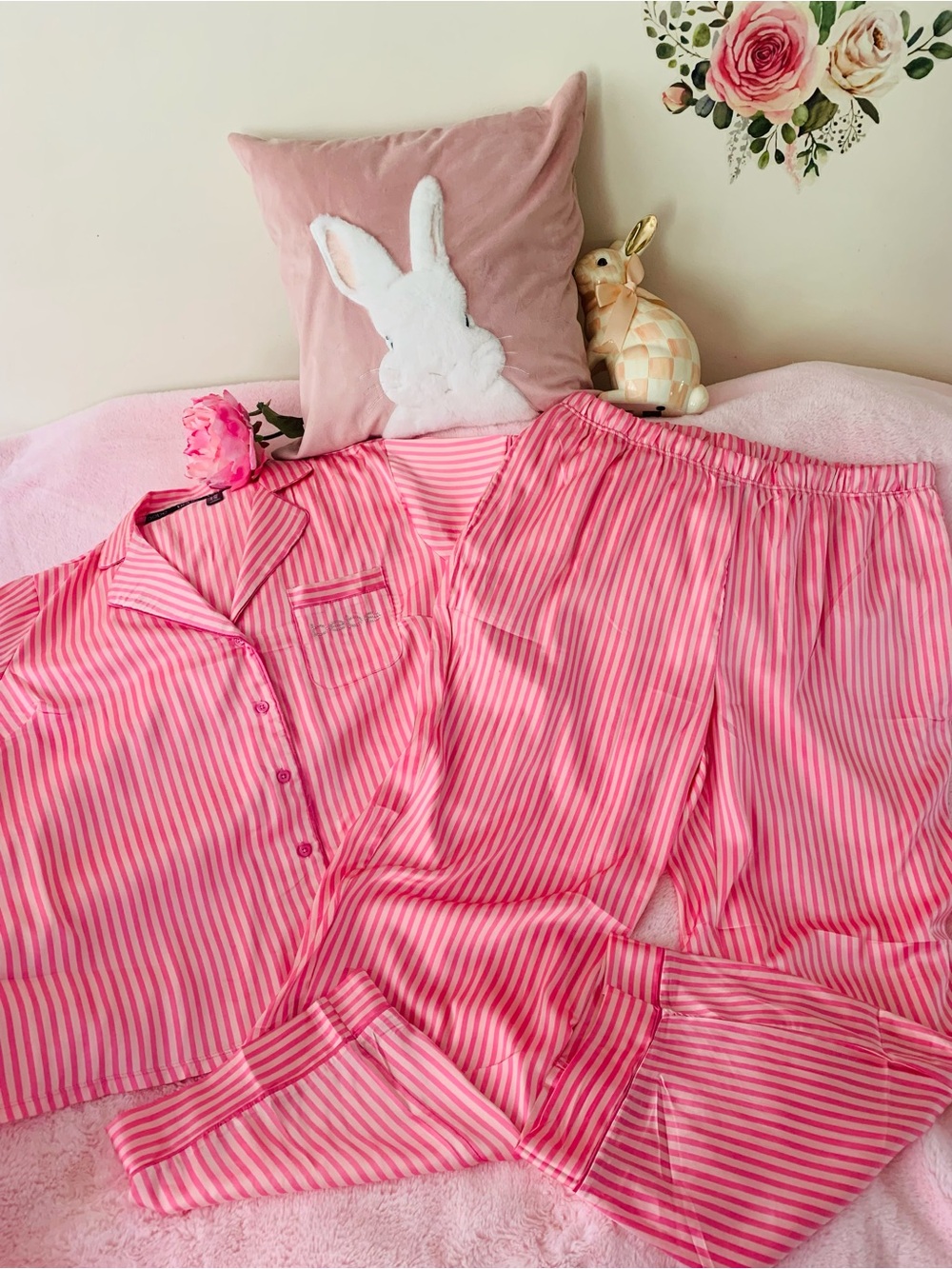 Bebe Silky Satin Pajama Set Candy Stripe Button Down Size XL NWOT